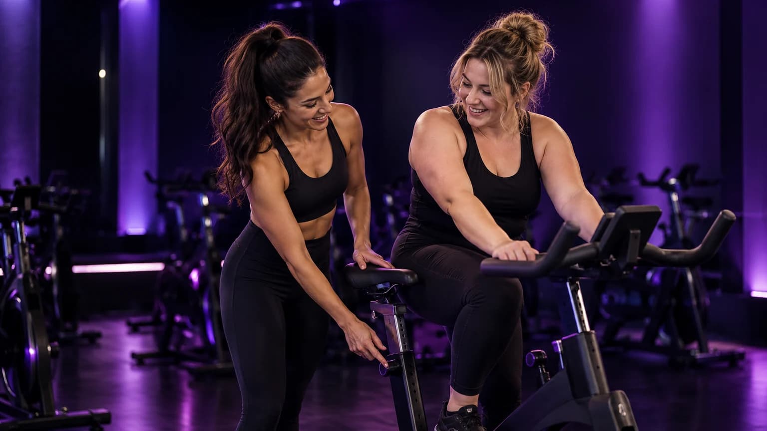 An instructor and a rider laughing together beside a bike in a violet-lit studio