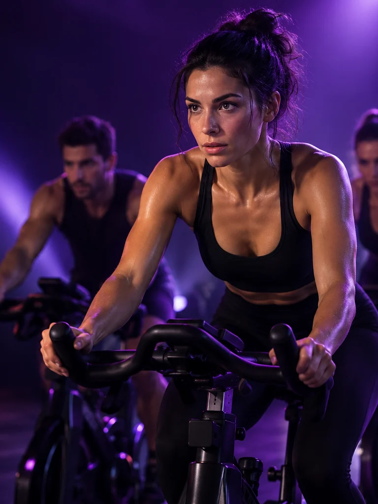 A focused rider on a stationary bike in a dark studio lit by violet light