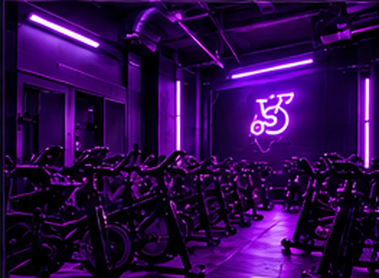 Riders on bikes in the dimly lit studio room